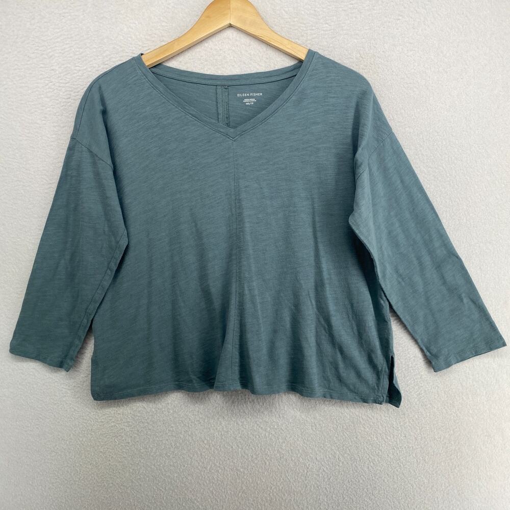 EILEEN FISHER Top 2XS Slub Organic Cotton Jersey V-Neck Long Sleeve Blue